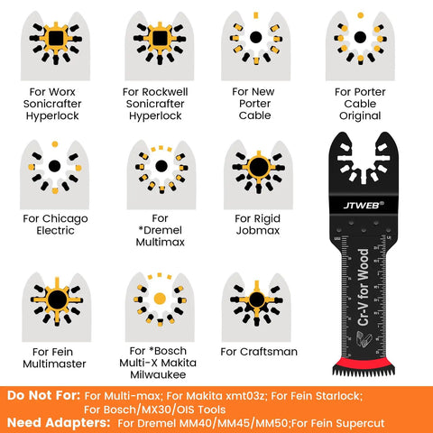 Japanese Teeth Multitool Blades 10 Pack Extra Long Zero Cut Saw Kit For Lumber Plywood And Drywall No Sweat Precision Cuts with compatibility chart for oscillating tools.