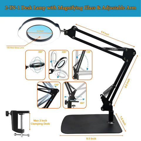 Dope 15X Magnifying Glass Desk Lamp With Metal Base 360 Degree Rotatable Aluminum Arms Five Color Modes And Ten Brightness Levels