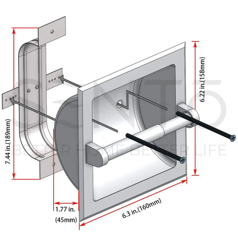 Diagram of Recessed Brushed Nickel Toilet Paper Holder, Wall Mounted Heavy Duty Metal Roll Holder With Rear Mounting Bracket details.