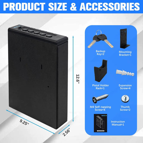 Quick Draw Slide Out Biometric Pistol Safe Fast Deploy Handgun Security Box dimensions 9.25 x 2.56 x 12.6 inches with accessories