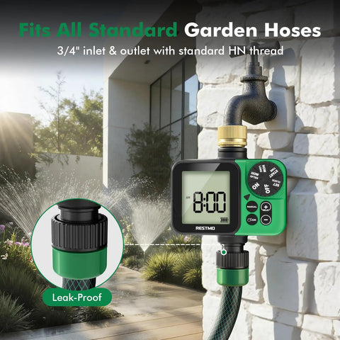 Oversized LCD Sprinkler Timer For Outdoor Hose Faucet, No Fuss Programmable Watering System with Brass Inlet attached to faucet