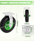 Dimensions of 8 Inch Pneumatic Plate Caster Set Featuring Air Filled Rubber Tires and Galvanized Steel Plates, showing size and details.