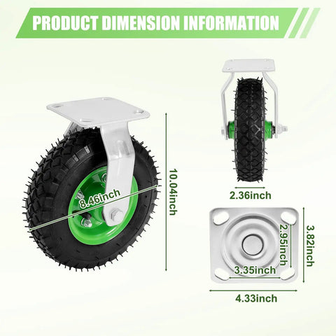 Dimensions of 8 Inch Pneumatic Plate Caster Set Featuring Air Filled Rubber Tires and Galvanized Steel Plates, showing size and details.