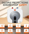 Instant Mini Electric Water Heater 110V Under Sink Tank, 2.7 Gallon Compact Hot Water Storage, safety features shown