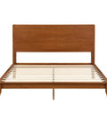 Queen Size Bamboo Platform Bed Frame With Tall Headboard Packed With Upgraded Metal Support Legs For Unbreakable Stability And A Sleek Rustic Look That Brings Badass Vibes To Your Bedroom While Keeping Things Solid As A Rock With Ease, front view with slats.
