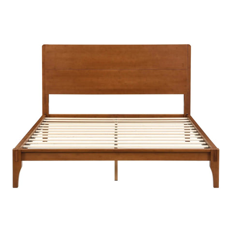 Queen Size Bamboo Platform Bed Frame With Tall Headboard Packed With Upgraded Metal Support Legs For Unbreakable Stability And A Sleek Rustic Look That Brings Badass Vibes To Your Bedroom While Keeping Things Solid As A Rock With Ease, front view with slats.