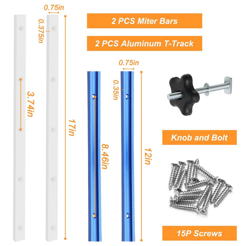Crosscut Table Saw Sled Kit with Aluminum T-Tracks and UHMW Miter Bars, 21 Piece Set, includes knobs and 15 screws, product view
