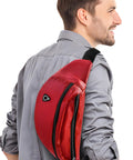 Man wearing red waterproof fanny pack for women and men crossbody waist bag with zipper adjustable strap, perfect for running hiking.