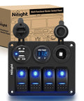 Four Gang Rocker Switch Panel Waterproof Aluminum Pre Wired With Plug And Play Dual USB Ports And Cigarette Lighter Socket