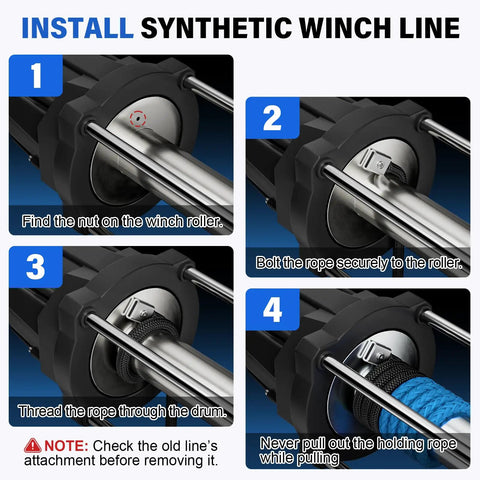 Heavy Duty Synthetic Winch Rope Kit 1/4 Inch By 50 Foot 10,000 Pounds Break Strength For ATV UTV Off Road Vehicles With Forged Hook Rubber Stopper Protective Sleeve And Safety Pull Strap Blue, install steps
