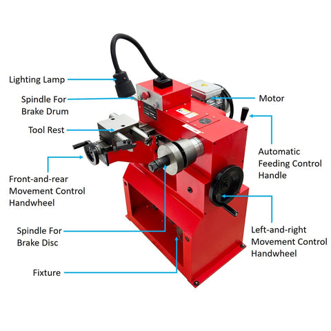 Dual Spindle Brake Drum And Disc Lathe For Small And Medium Vehicles, Pro Grade Repair Machine With Bidirectional Automatic Cutting, 1.1KW, 110V, Adjustable RPM Options 30, 52 And 85, Hub Plate Repair Tool