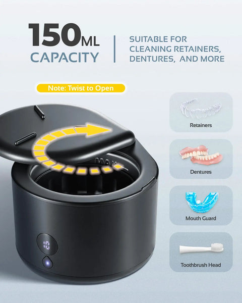 45kHz Ultrasonic Retainer Cleaner With UV Sterilization for Dental Appliances with easy twist to open lid and 150ml capacity