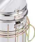 Close-up of Heavy Duty Stainless Steel Electric Beekeeping Smoker With Heat Shield showcasing metal latch and handle.