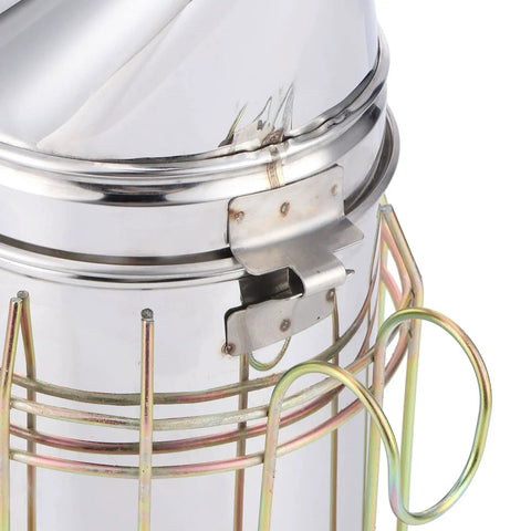 Close-up of Heavy Duty Stainless Steel Electric Beekeeping Smoker With Heat Shield showcasing metal latch and handle.