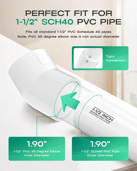 Four Pack 1-1/2 Inch 45 Degree PVC Elbow Fittings Furniture Grade SCH40 PVC Connectors with green measurement details