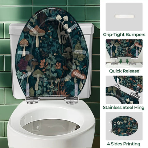 Toilet Seat Elongated Resin for Bathroom Replacement with mushroom design, grip-tight bumpers, and stainless steel hinges.