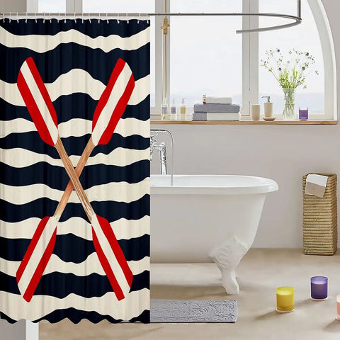 Rowing Oar Ocean Shower Curtain With Navy Blue Geometric Stripes 72x72 Inches Waterproof Polyester Bath Decor in bathroom