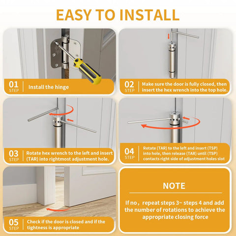 Step-by-step guide for 2 Pack Self Closing Door Hinges 3.5 Inch with Adjustable Tension Control installation process.