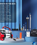 6X Faster Inflation Digital Dual Cylinder Portable Air Compressor 12V Metal Tire Inflator kit contents displayed on blue backdrop
