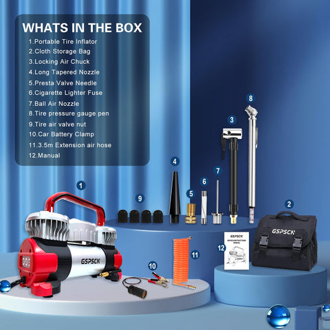 6X Faster Inflation Digital Dual Cylinder Portable Air Compressor 12V Metal Tire Inflator kit contents displayed on blue backdrop