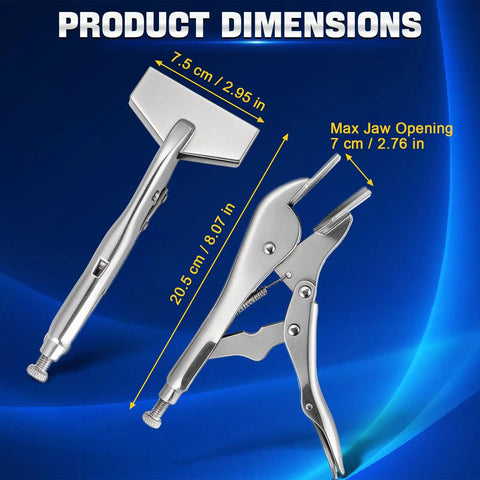 8 inch locking sheet metal clamps with dimensions shown for precise grip, designed for welding and heavy duty fabrication.