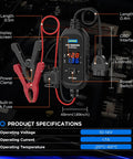OBD II Car Memory Saver Cable with digital display, clamps, OBD interface, in-car setup showing voltage and current details.