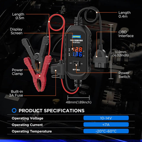 OBD II Car Memory Saver Cable with digital display, clamps, OBD interface, in-car setup showing voltage and current details.