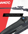 Close-up of Swarm Whisper 22 Caliber Air Rifle with 10 Shot Repeater and IGT Gas Piston showing barrel and rotary magazine