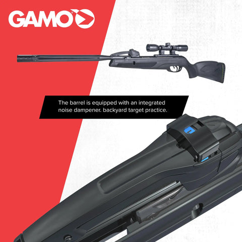 Close-up of Swarm Whisper 22 Caliber Air Rifle with 10 Shot Repeater and IGT Gas Piston showing barrel and rotary magazine