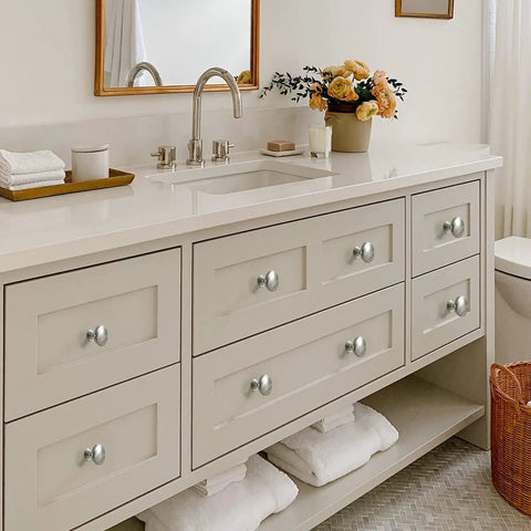 Bathroom vanity with 30 Pack Round Cabinet Knobs In Brushed Nickel To Upgrade Your Kitchen Cabinets Bathrooms Closets And Dressers Solid Zinc Alloy Drawer Pulls Slick Modern Cabinet Hardware Durable Easy To Install installed
