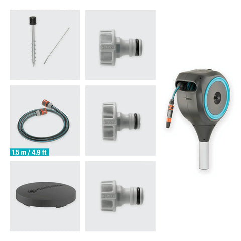 Automatic Retractable Garden Hose Reel With 50 Feet Of Easy Retracting Hose 360 Degree Swivel Metal Spike Base components