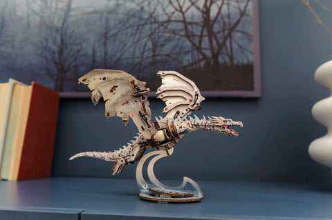 Ukrainian Ironbelly Dragon 3D Wooden Puzzle For Adults, Mechanical Model Kit With Flapping Wings, Movable Head And Tail, DIY Building Craft, Brain Teaser Puzzle, Collectible Book Design, Epic Gift For Puzzle Lovers on stand