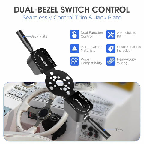 Dual Trim and Jack Plate Switch With Fingertip Blinker Style Bezel Control for Seastar Hydraulic Steering shown in marine setup
