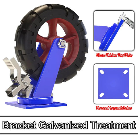 Heavy Duty Rubber Caster Wheels Set Of Four With Locking Brakes For Smooth Rolling And Shock Absorbing Ride On Carts Or Heavy Furniture. Close-up of blue bracket with red and black wheel