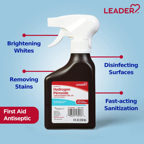 Hydrogen Peroxide spray bottle, 8 oz, Leader brand, brown bottle with white spray nozzle (front view)
