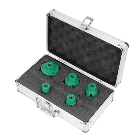 Heavy Duty 5 Pc Hole Saw Set With M14 Connector For Drilling Glass Tile And Marble Thickened Coating Makes Quick Work Of Tough Home Reno DIY Projects Like A Champ. green 5-piece hole saw set in metal case