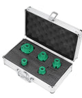 Heavy Duty 5 Pc Hole Saw Set With M14 Connector For Drilling Glass Tile And Marble Thickened Coating Makes Quick Work Of Tough Home Reno DIY Projects Like A Champ. Open case with five green M14 hole saw bits