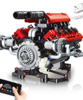 V8 Engine Model Kit With 8 Cylinder Visible Engine, LED Lights, Motor, And App Control shown in a hands-on setup