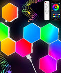 8 Pack Hexagon LED Wall Panels RGB Color Lights With App Control Music Sync And Remote shown in various colors and setup
