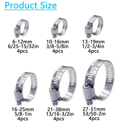 Six sizes of 24 Piece Stainless Steel Hose Clamps Kit For Auto And Plumbing, Heavy Duty Adjustable Worm Gear Clamps One Quarter Inch To Two Inches