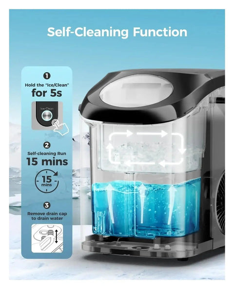Self-cleaning feature instructions for Top Shelf Countertop Nugget Ice Maker With Hassle Free Self Cleaning And Travel Ready Design For Chilling Sodas Smoothies And Cocktails Fast Enough To Handle Weekend Hangouts.