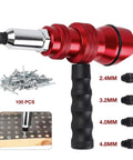 Upgrade Your Gear With This Ultimate Durability Drill Adapter For Riveting That Slaps With 100 AntiCorro Coated Rivets Perfect For Trailer Hacks HVAC Fixes And Snagging Stuck Bolts In Hard Metal Jobs Fast. Red aluminum drill rivet adapter with 100 rivets, 2.4-4.8mm tips