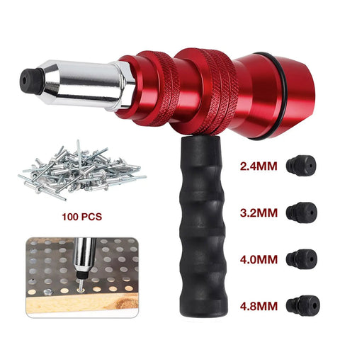 Upgrade Your Gear With This Ultimate Durability Drill Adapter For Riveting That Slaps With 100 AntiCorro Coated Rivets Perfect For Trailer Hacks HVAC Fixes And Snagging Stuck Bolts In Hard Metal Jobs Fast. Red aluminum drill rivet adapter with 100 rivets, 2.4-4.8mm tips