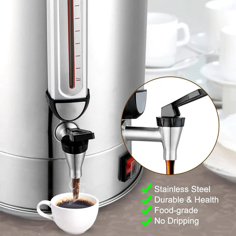 Close-up of spout on Big Crowd Ready Coffee Urn 120 Cup 20L Stainless Steel Double Wall Percolator With 1300W Quick Brew Hot Beverage Dispenser