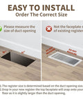Instructions on measuring for Heavy Duty Floor Register Walkable Airflow Floor Vent Cover 4x12 Inches Oil Rubbed Bronze Neoclassical Design With 300 Pound Load Capacity Edge Fold For Tight Fit Rust Resistant Steel Panel.
