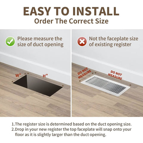 Instructions on measuring for Heavy Duty Floor Register Walkable Airflow Floor Vent Cover 4x12 Inches Oil Rubbed Bronze Neoclassical Design With 300 Pound Load Capacity Edge Fold For Tight Fit Rust Resistant Steel Panel.