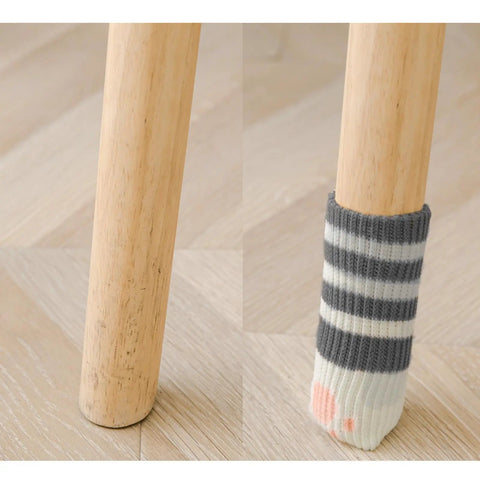 Comparison of chair leg without and with 4 Pack Paw Design Furniture Socks For Killer Noise Reduction in Dark Grey.