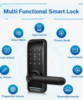 Keyless Entry Digital Door Lock For Front Door With Fingerprint And Passcode App Control And Remote Unlock Key Fob And Alexa Voice Unlock No Fuss Easy Installation Black showing features.