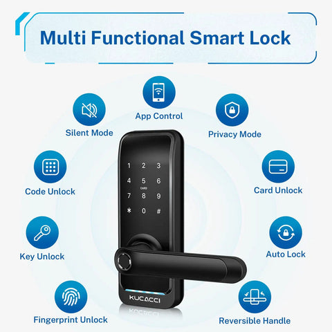 Keyless Entry Digital Door Lock For Front Door With Fingerprint And Passcode App Control And Remote Unlock Key Fob And Alexa Voice Unlock No Fuss Easy Installation Black showing features.