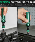 Precision Torque Screwdriver Set With 10 To 70 Inch Pounds Range Quarter Inch Drive 24 Piece Handy Kit in use on optics and rifle mounts